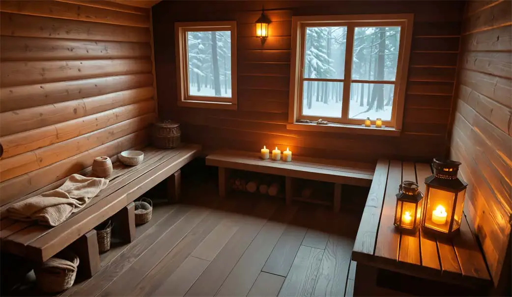 Candlelit wood plank sauna with a scenic view of snowy woods. 