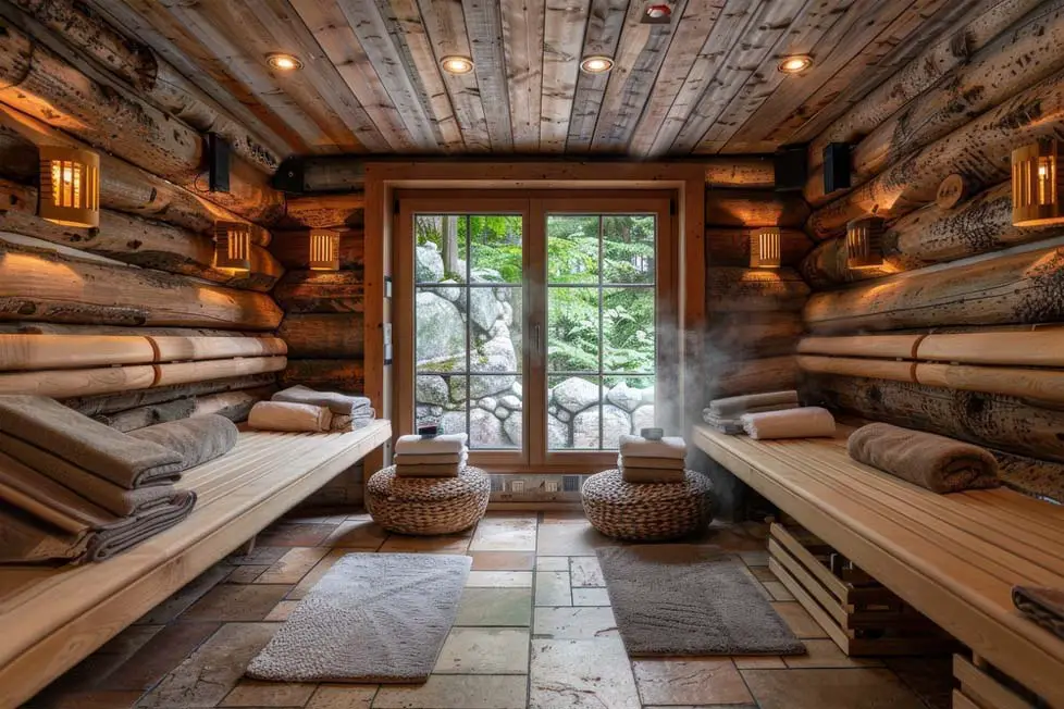 A spacious wooden sauna room with yoga mats, baskets, and towels. 