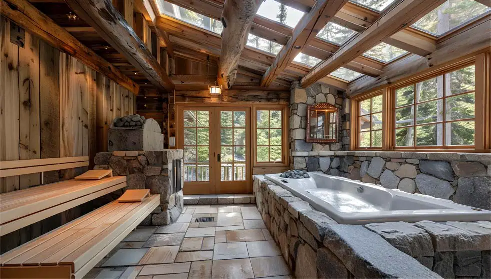 Spatial view of a gorgeous rustic sauna interior with long wooden benches, a river rock bath, and a glowing fireplace.