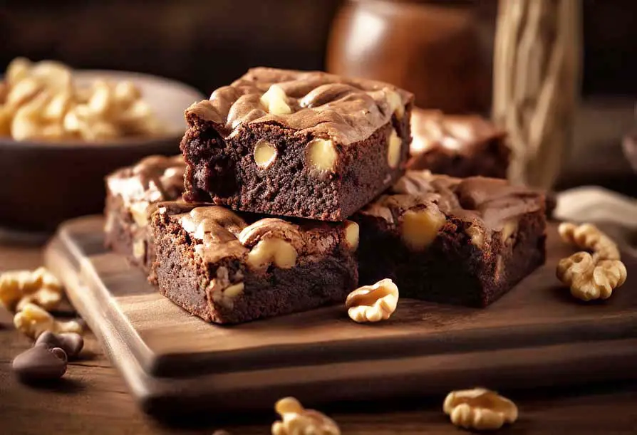 Stacks of tasty vegan buckwheat brownies with Himalayan Tartary Buckwheat and chunky walnuts on a cutting board.