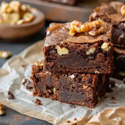 Stacks of delicious vegan buckwheat brownies with Himalayan Tartary Buckwheat, walnuts, and creamy rich cacao frosting on parchment paper.