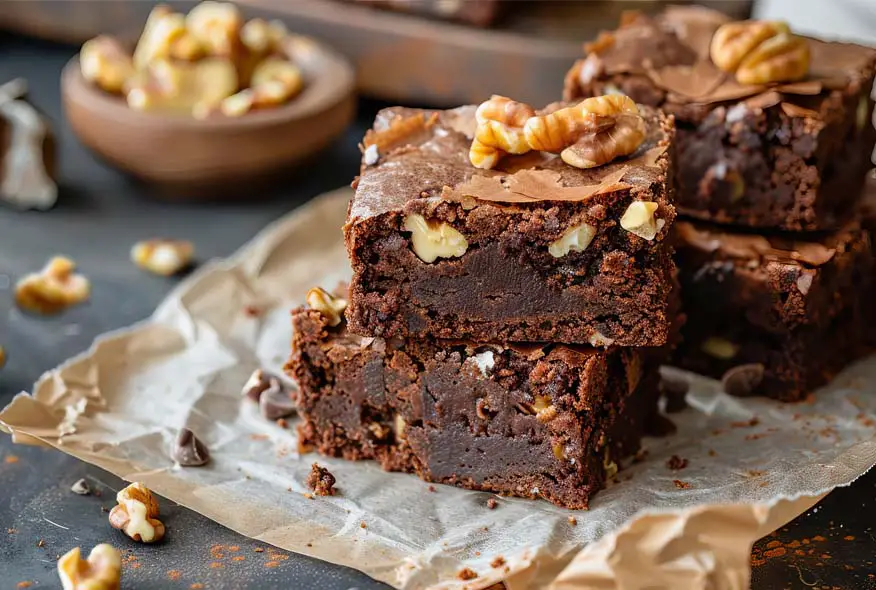 Stacks of delicious vegan buckwheat brownies with Himalayan Tartary Buckwheat, walnuts, and creamy rich cacao frosting on parchment paper.