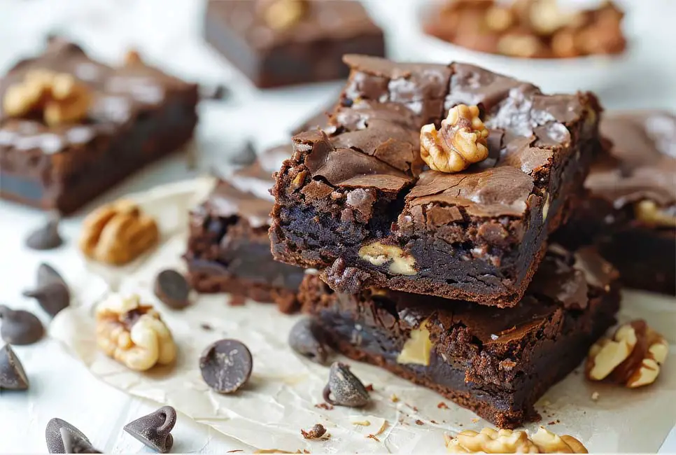 Stacks of delicious vegan buckwheat brownies with Himalayan Tartary Buckwheat, walnuts, and creamy rich cacao frosting on parchment paper surrounded by nuts and chips.