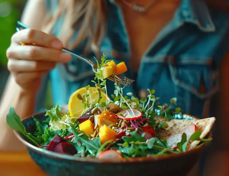 Closeup of a girl taking a bite of a colorful vegetable salad packed with boatloads of fiber. 