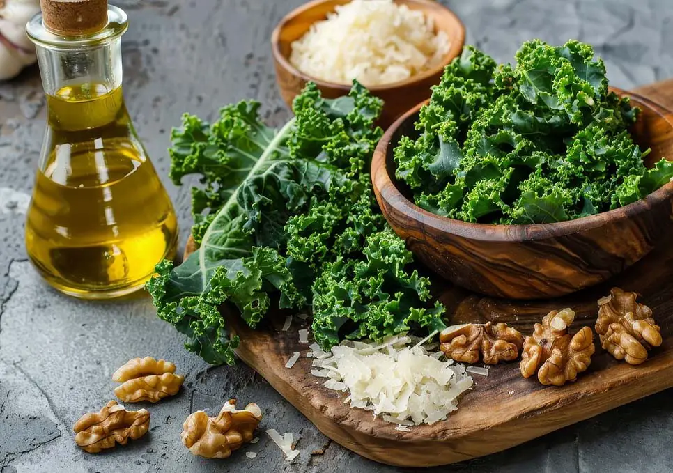 Kale pesto ingredients including fresh organic kale leaves, walnuts, olive oil, and vegan Parmesan cheese. 