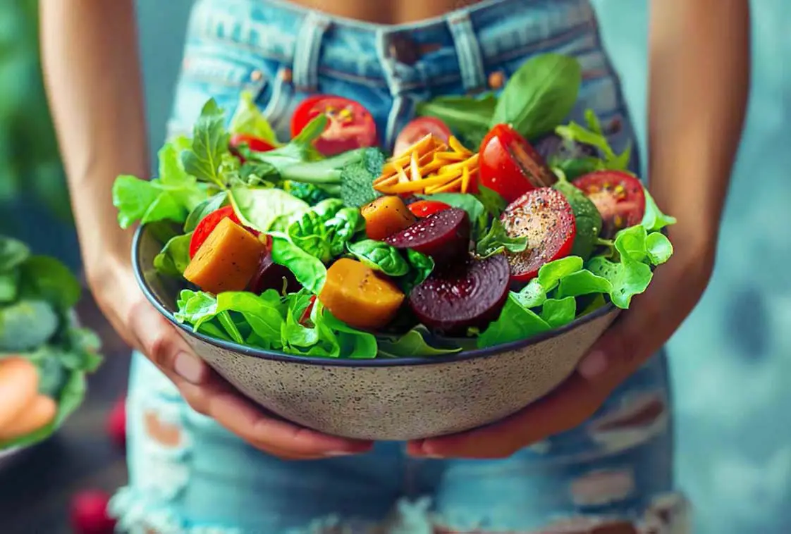 Macro of a woman holding a colorful bowl of high-fiber vegetables like beetroot, carrots, broccoli, spinach, sweet potatoes, and more.