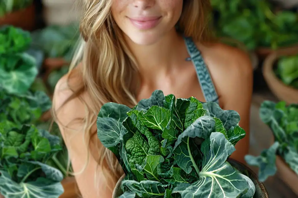 A healthy smiling girl holds a bowl of fresh kale leaves against a backdrop of greens.  