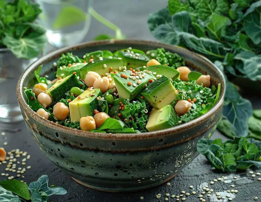 A rich and delicious bowl of hearty kale salad topped with avocado, chickpeas, and organic herbs. 