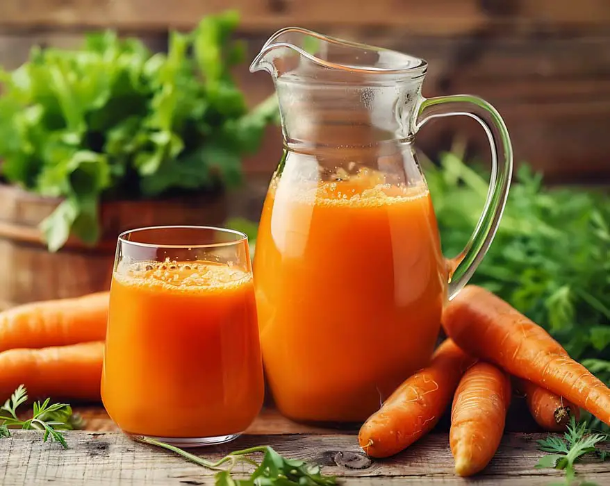 A pitcher and glass of nutrient-dense carrot juice surrounded by whole organic carrots and fresh greens.  