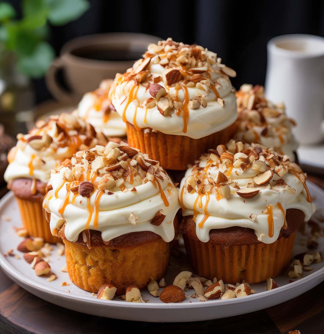 Close-up of scrumptious vegan carrot muffins with cream cheese frosting and organic chopped nuts. 