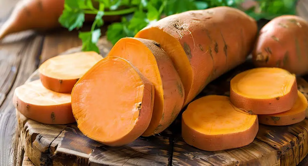 Macro shot of fresh organic whole sweet potatoes sliced into rounds on a rustic wooden board. 