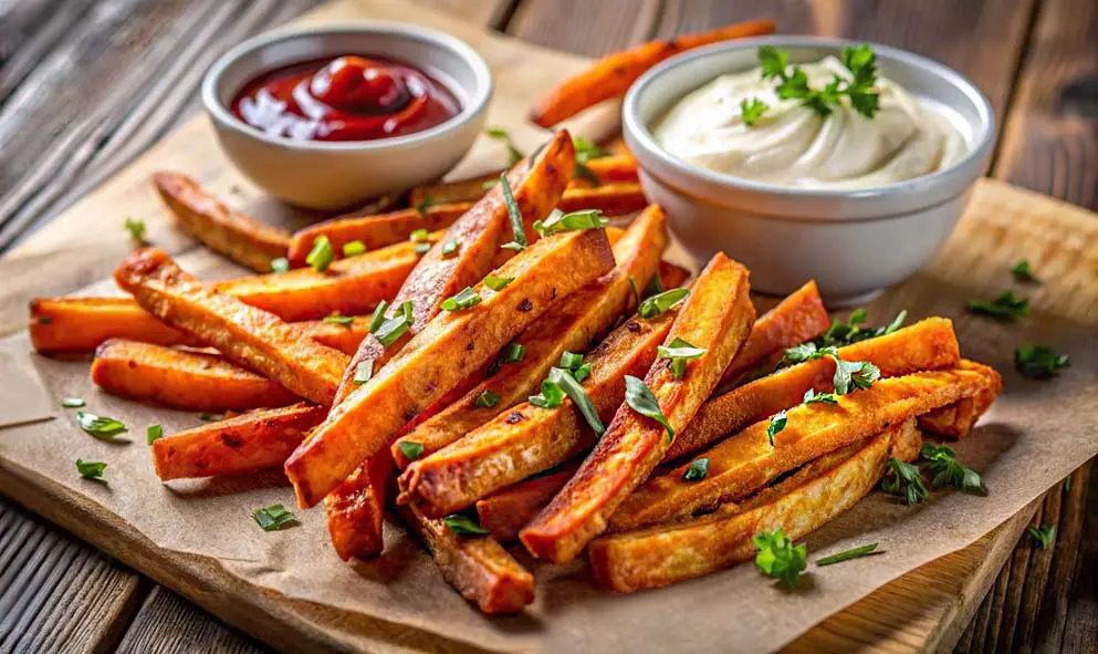 Succulent rich sweet potato fries on a platter with vegan Ranch dressing, organic ketchup, and fresh herbs. 