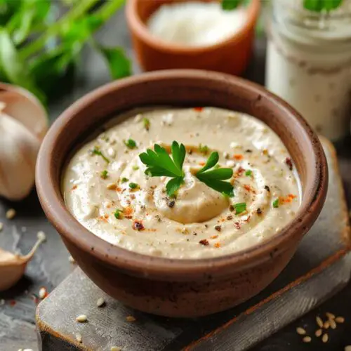 Rich bowl of creamy homemade vegan tahini topped by herbs and spice on a wooden board.