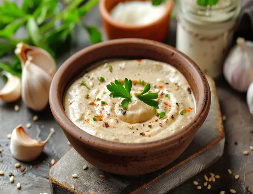 Rich bowl of creamy homemade vegan tahini topped by herbs and spice on a wooden board.