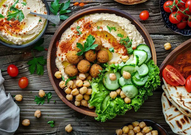 Overhead of delicious vegan tahini hummus with falafel balls and slews of delectable finger foods.