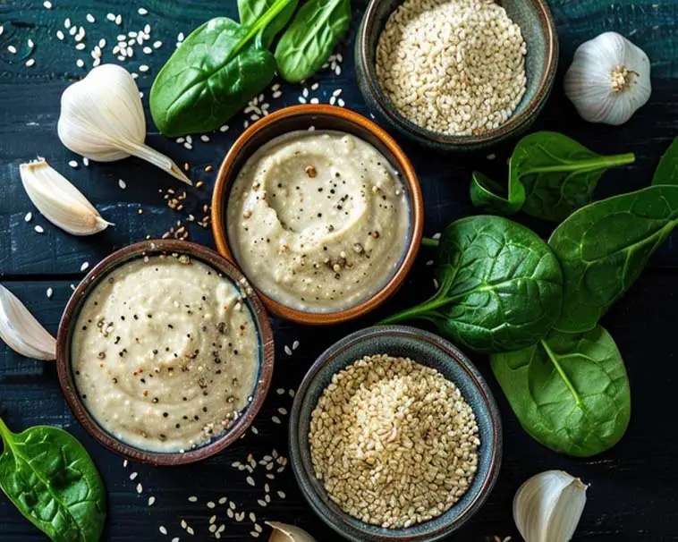 Top view of vegan tahini bowls with fresh sesame seeds, garlic, spinach, and tons of spice. 