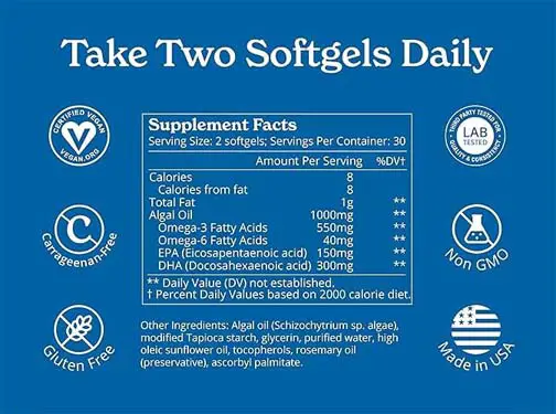 Calgee vegan omega-3 supplement facts and certifications. 