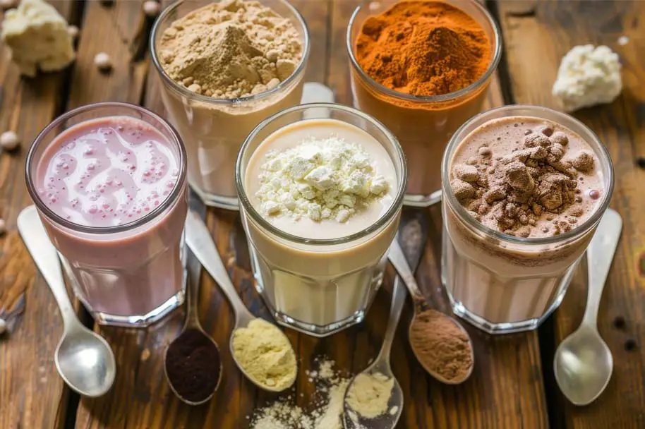 Top view of assorted vegan smoothies stacked with powerhouse protein powders.  