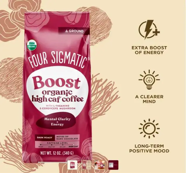 Clickable image of Four Sigmatic organic high caf coffee with dark chocolate and mushroom adaptogens.