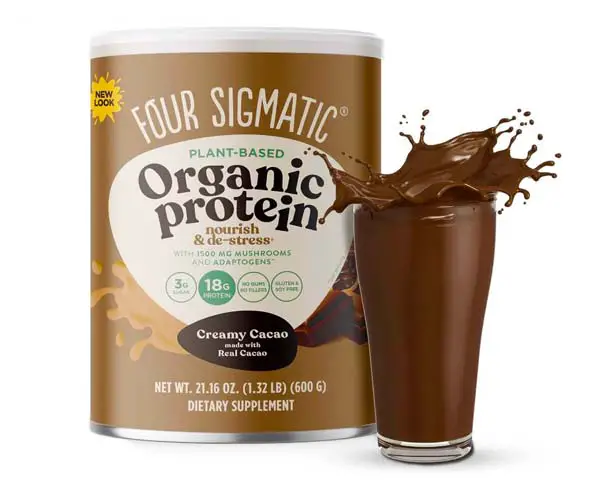 Clickable image of Four Sigmatic plant-based organic creamy cacao protein powder with mushroom adaptogens. 