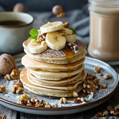 Breakfast set up with a huge stack of delicious vegan Himalayan Tartary Buckwheat sourdough pancakes topped with bananas, walnuts, and maple syrup on a rustic ceramic plate.