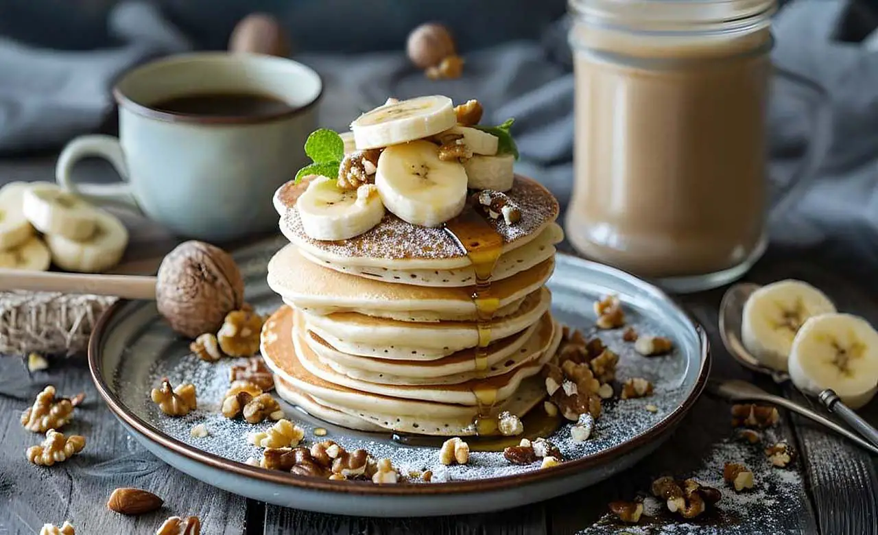 Breakfast set up with a huge stack of delicious vegan Himalayan Tartary Buckwheat sourdough pancakes topped with bananas, walnuts, and maple syrup on a rustic ceramic plate.