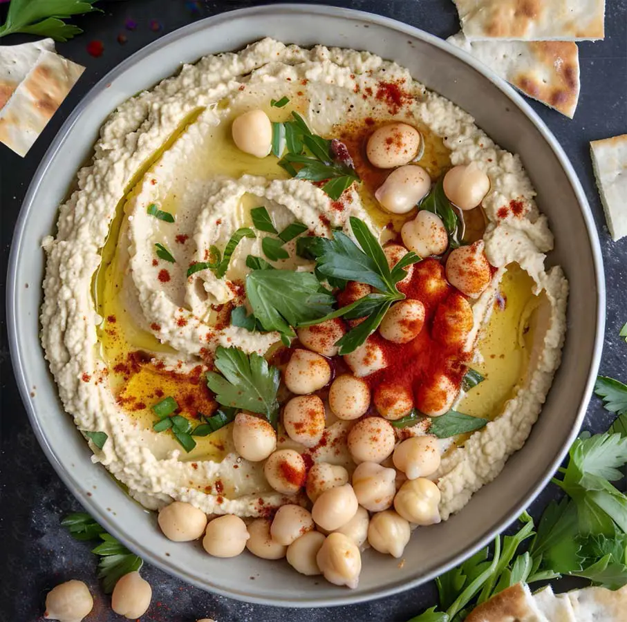 Top view of rich vegan hummus with fresh chickpeas, olive oil, smoked paprika, and savory herbs. 