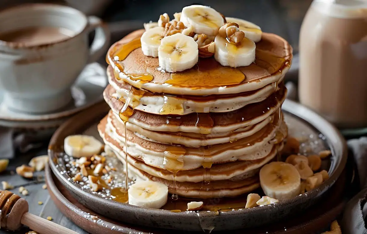 Succulent stack of vegan sourdough buckwheat pancakes with fresh bananas, walnuts, and organic maple syrup.