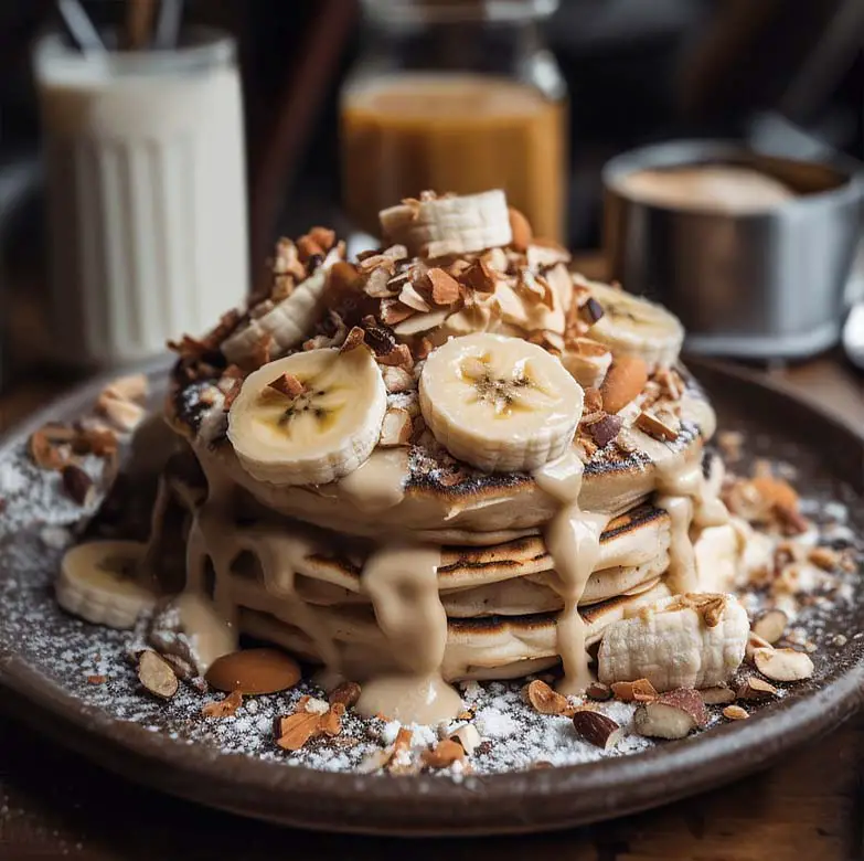 Rich stack of Himalayan Tartary Buckwheat sourdough pancakes topped with bananas, mixed nuts, ts, and maple syrup on a rustic ceramic plate.