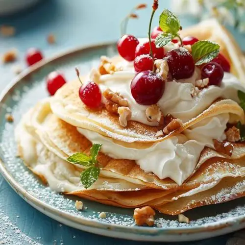 Rich stack of vegan Himalayan Tartary Buckwheat crepes with fresh cherries, nuts, and whipped cream.