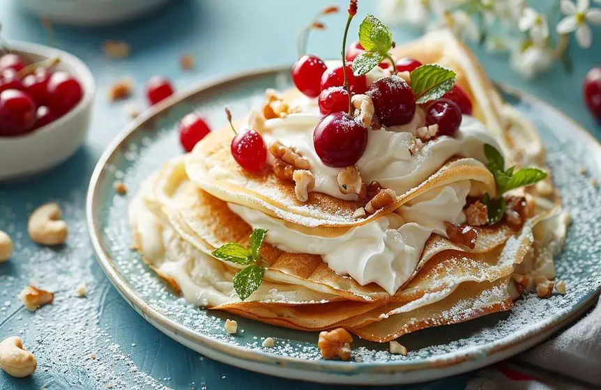 Rich stack of vegan Himalayan Tartary Buckwheat crepes with fresh cherries, nuts, and whipped cream.