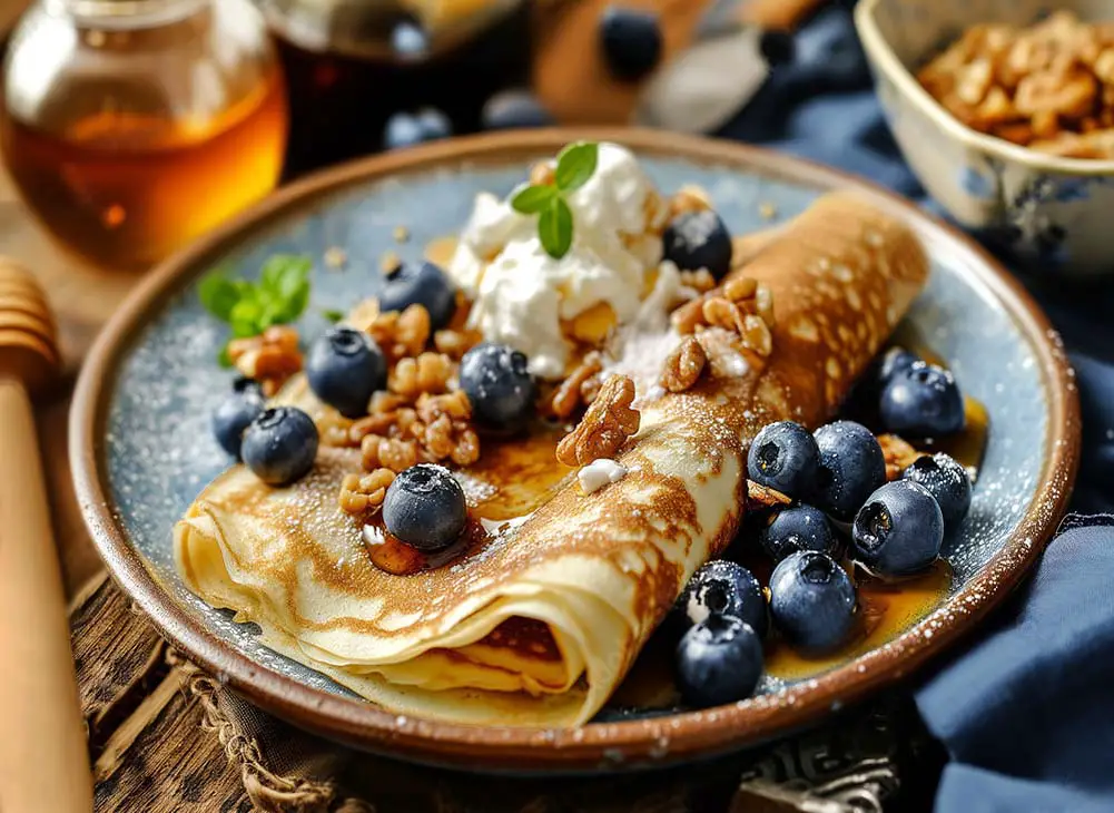 Succulent wrapped crepes on a ceramic plate topped with blueberries, walnuts, whipped cream, and maple syrup on a rustic wooden table.