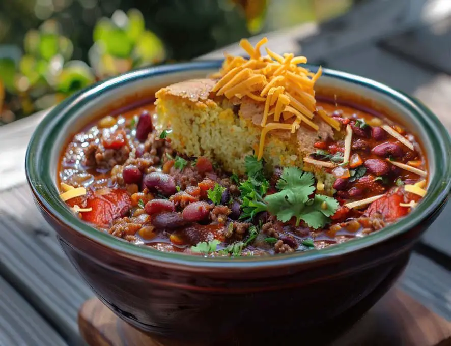 A rich bowl of sprouted three-bean chili with vegan cornbread and grated cheese on top. 