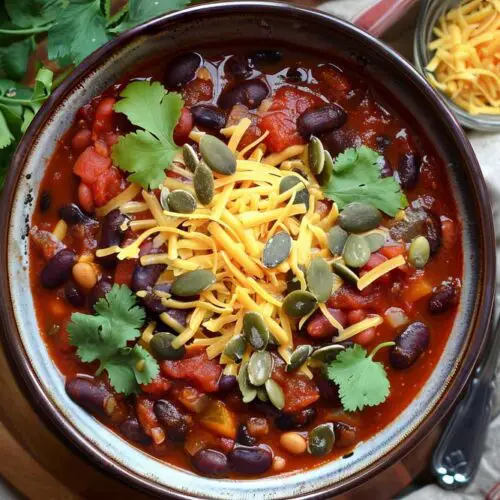 Top view of sprouted three-bean chili in a bowl with herbs, pumpkin seeds, and fresh vegan cheese.