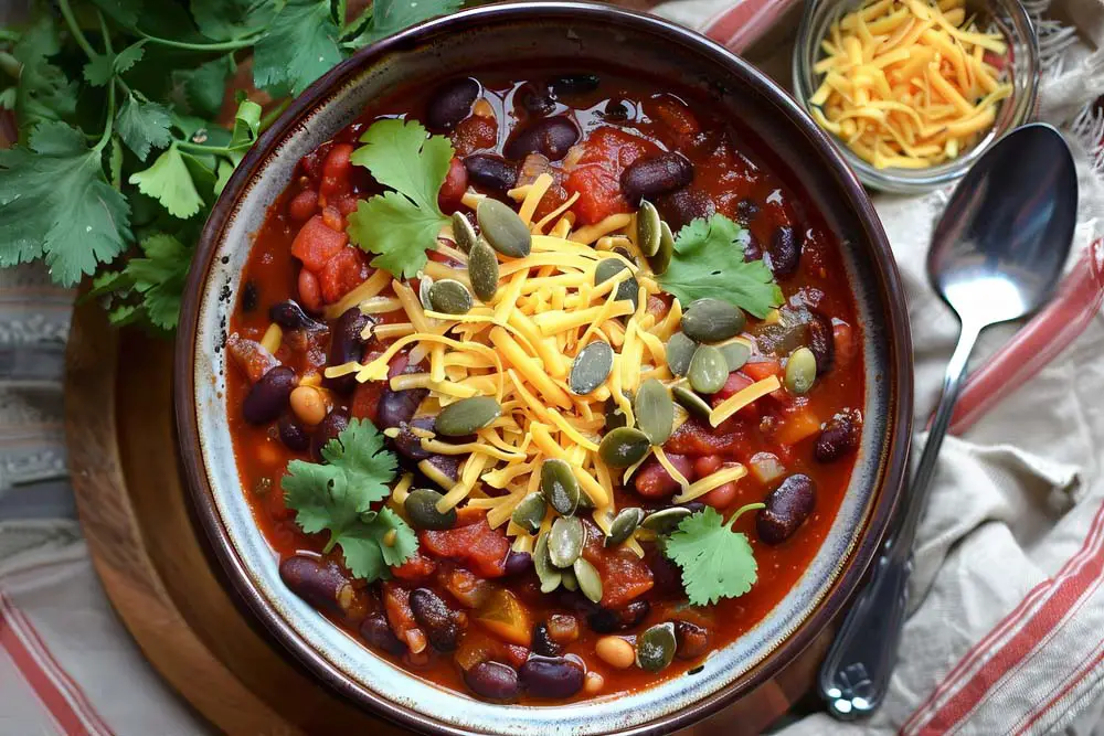 Top view of sprouted three-bean chili in a bowl with herbs, pumpkin seeds, and fresh vegan cheese.