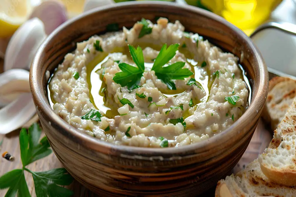 Close-up of swirled baba ganoush bowl by organic garlic cloves and crusty bread.