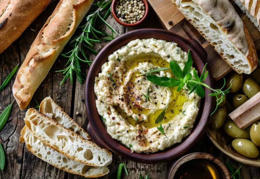 Top view of rustic baba ganoush bowl with herbs and olives by peppercorns and homemade sourdough bread.