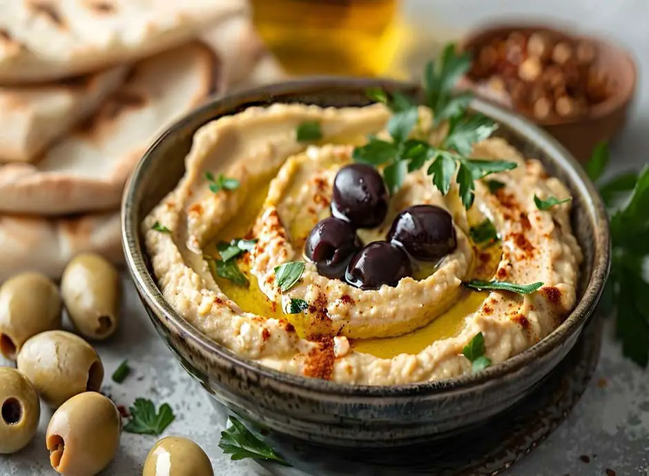 Succulent bowl of rich vegan baba ganoush with parsley sprigs, olives, paprika, and pita bread on a granite board.   