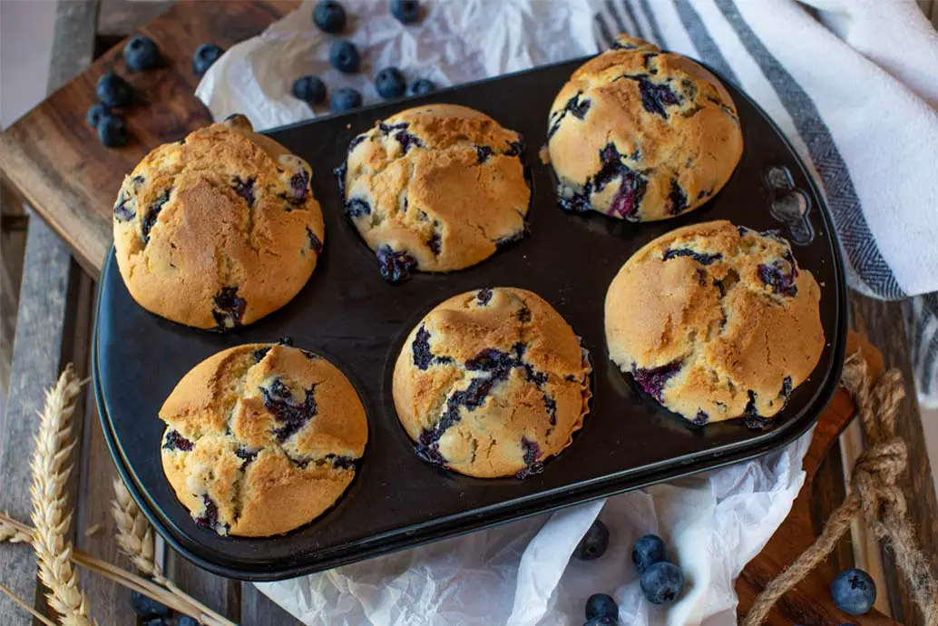 Looking down on freshly baked blueberry muffins in a six-cup muffin pan.    