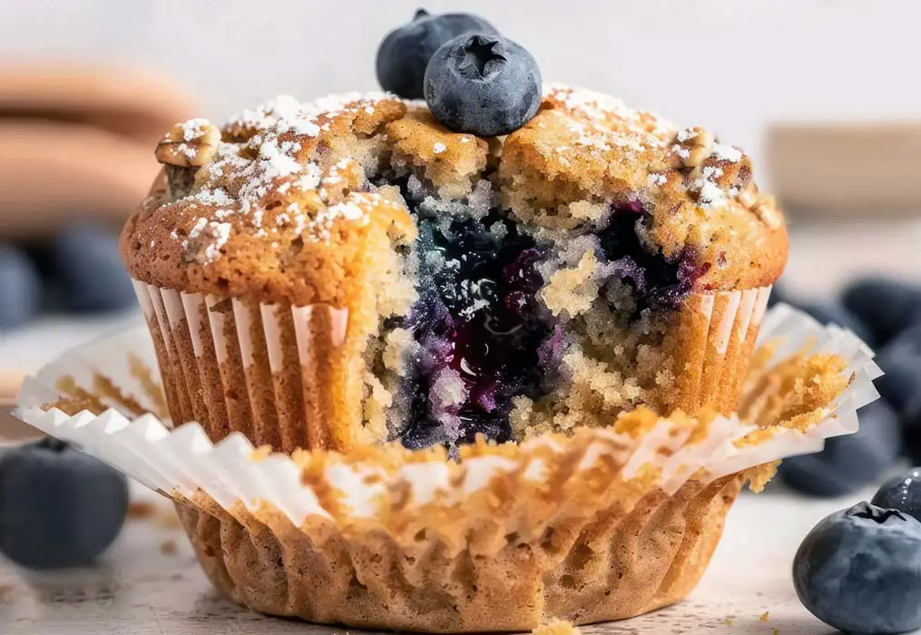 Closeup of a single wrapped blueberry muffin oozing fresh blueberries in its center.  