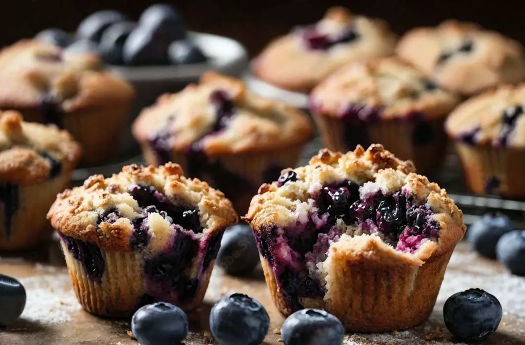 Close-up of rich and succulent blueberry muffin topped with oat crumbles on a kitchen board.