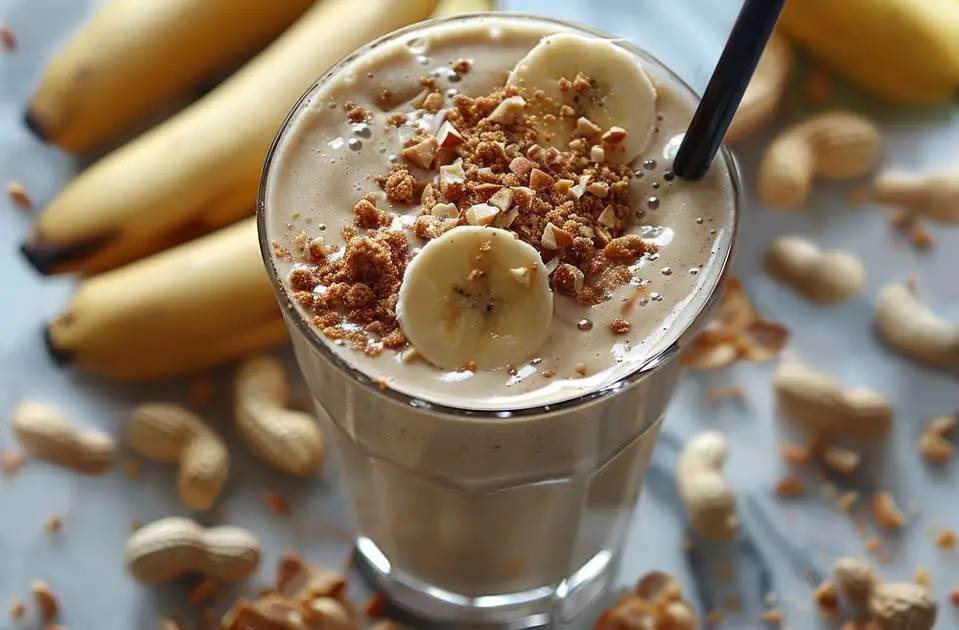 Macro on a peanut butter banana smoothie topped with chopped nuts and bananas.