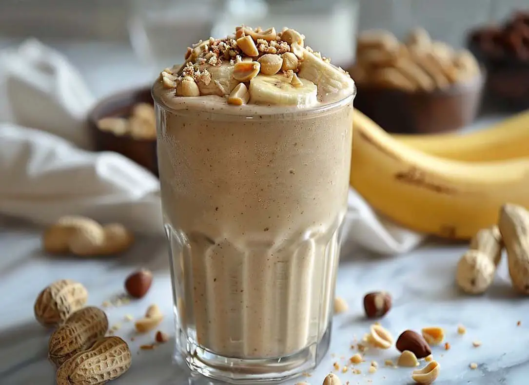 Thick and creamy peanut butter banana smoothie with fresh peanuts and bananas against a background of unpeeled bananas, peanuts in the shell, and vegan coconut milk.   