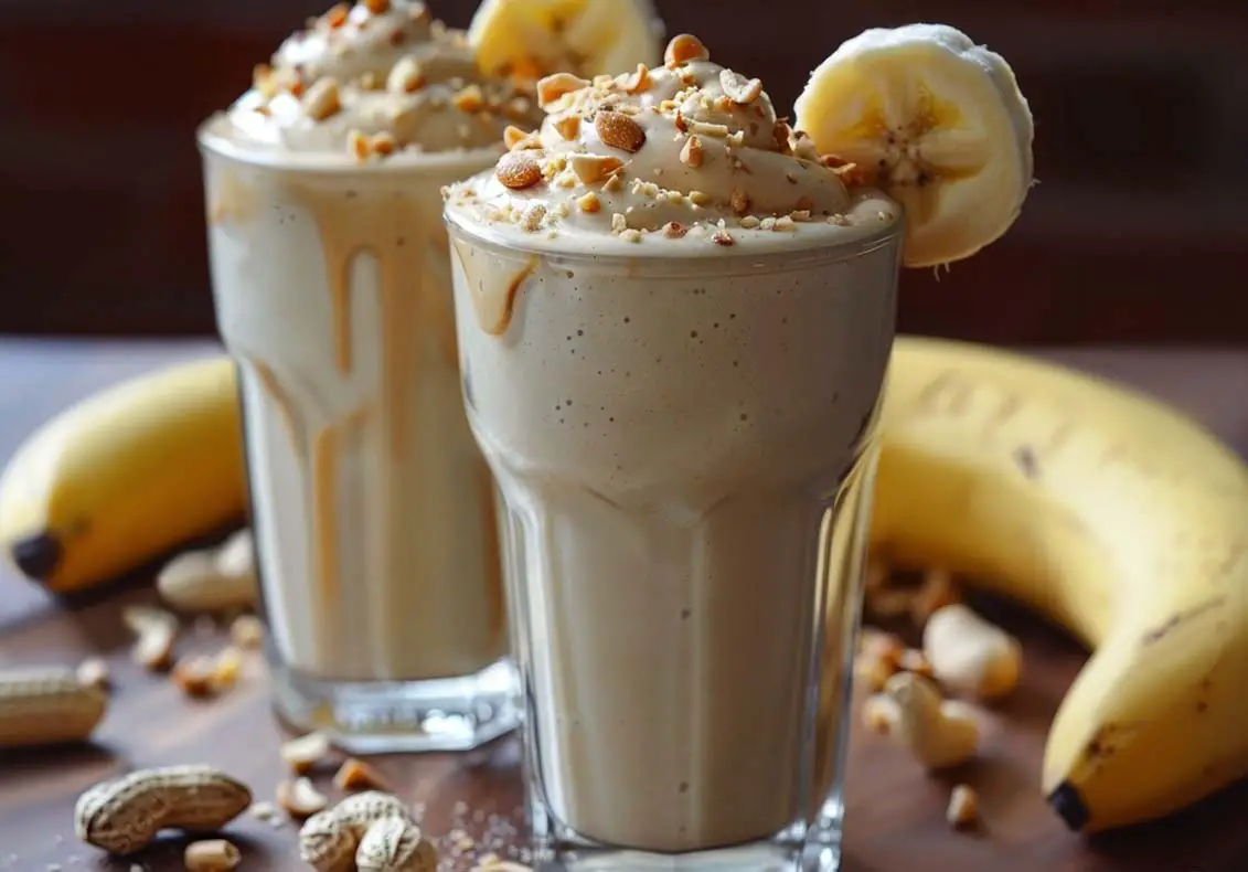 Rich vegan peanut butter banana smoothies with fresh peanuts, whipped topping, and sliced bananas against a background of whole organic bananas and unshelled peanuts.