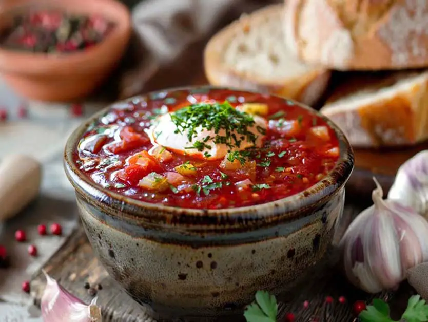 Heaping bowl of chunky red Borscht topped with sour cream and herbs by homemade bread, garlic cloves, and rainbow peppercorns.  