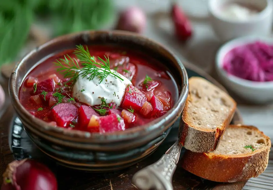 Close-up of a rich bowl of chunky vegan Borscht topped with sour cream and fresh dill by crusty bread.