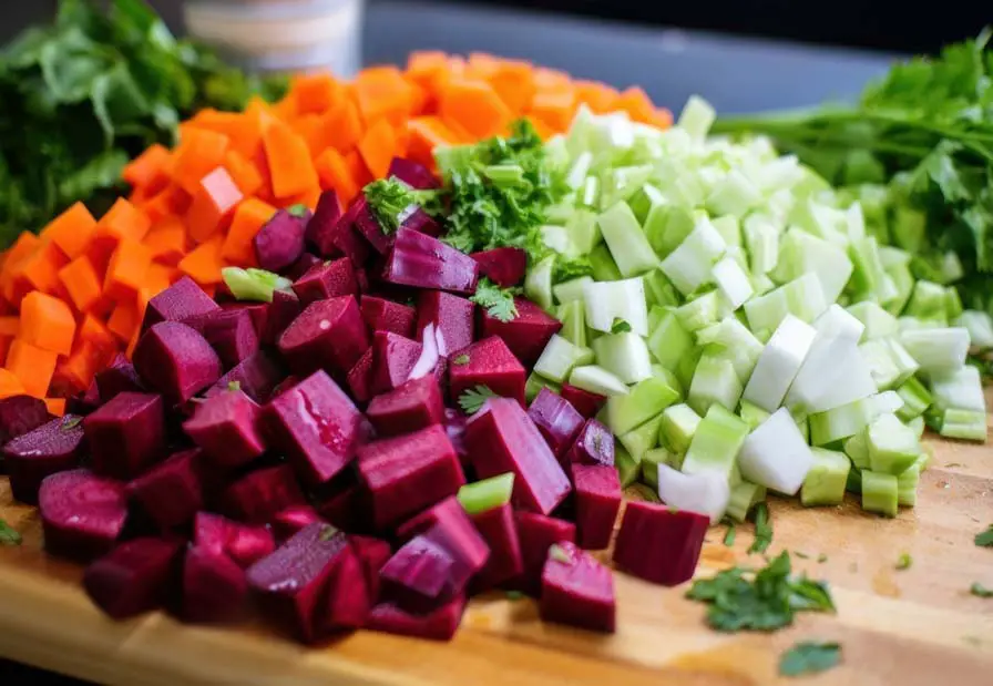 Stacks of chopped beets, celery, carrots, and greens for a vegan Borscht recipe.   