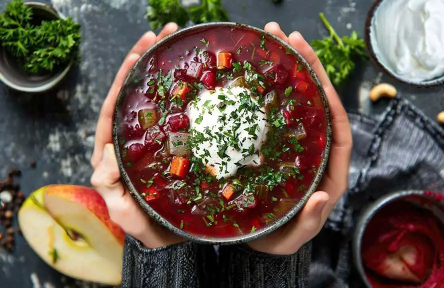 Top view of a big bowl of fresh vegan Borscht held up in a woman's hands over a countertop.    