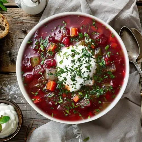 Top view of chunky vegan Borscht topped with sour cream and herbs on a rustic board by sliced homemade bread.