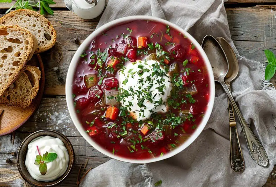 Top view of chunky vegan Borscht topped with sour cream and herbs on a rustic board by sliced homemade bread.